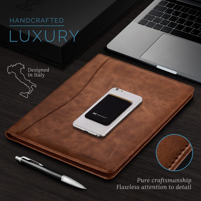 Nero Manetti - Leather Portfolio Folder - Business PU Leather Notepad Holder for Resumes, Legal Pad Executive Binder, Professional Padfolio Notebook for Women/Men (Brown) - Image 3